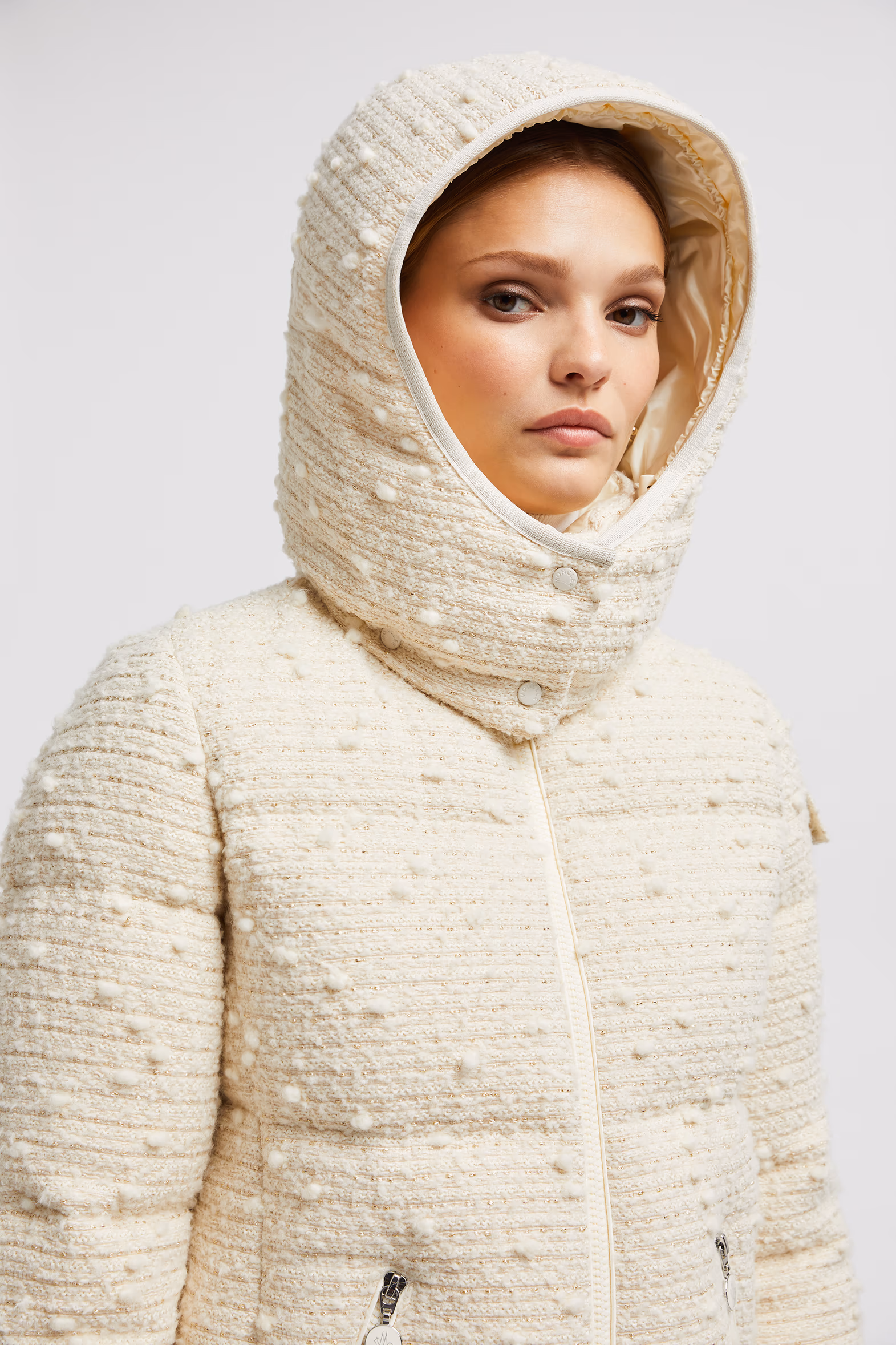 Fourmines Hooded Tweed Short Down Jacket Women White Ivory Moncler 7